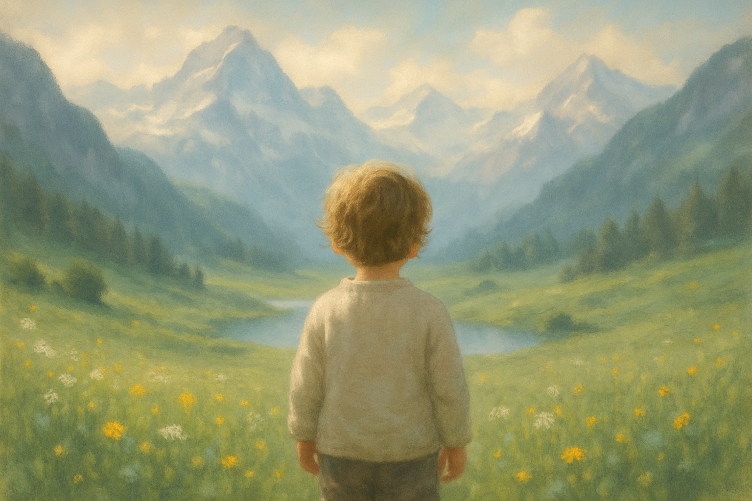 Un enfant de dos contemplant un paysage alpin suisse
